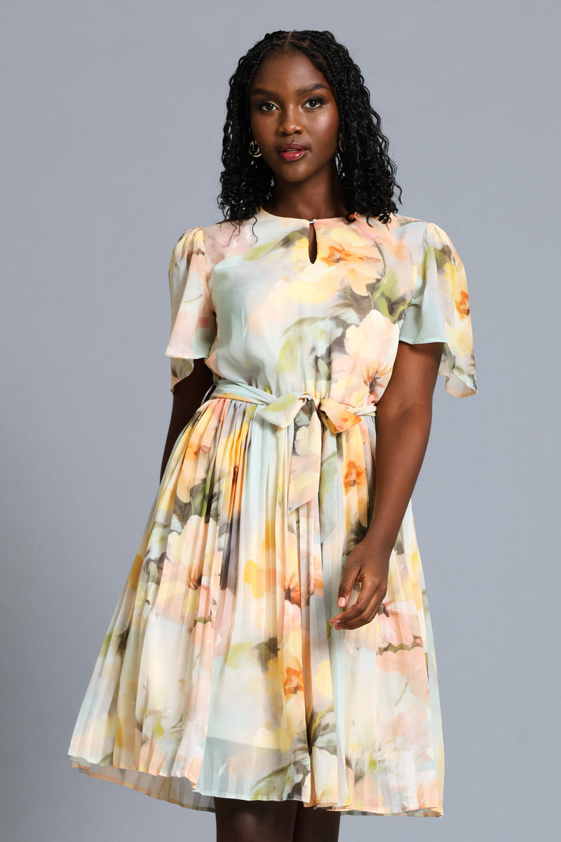 Floral Watercolour Pleated Tea Dress - Cream