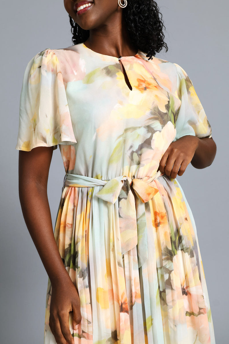 Floral Watercolour Pleated Tea Dress - Cream