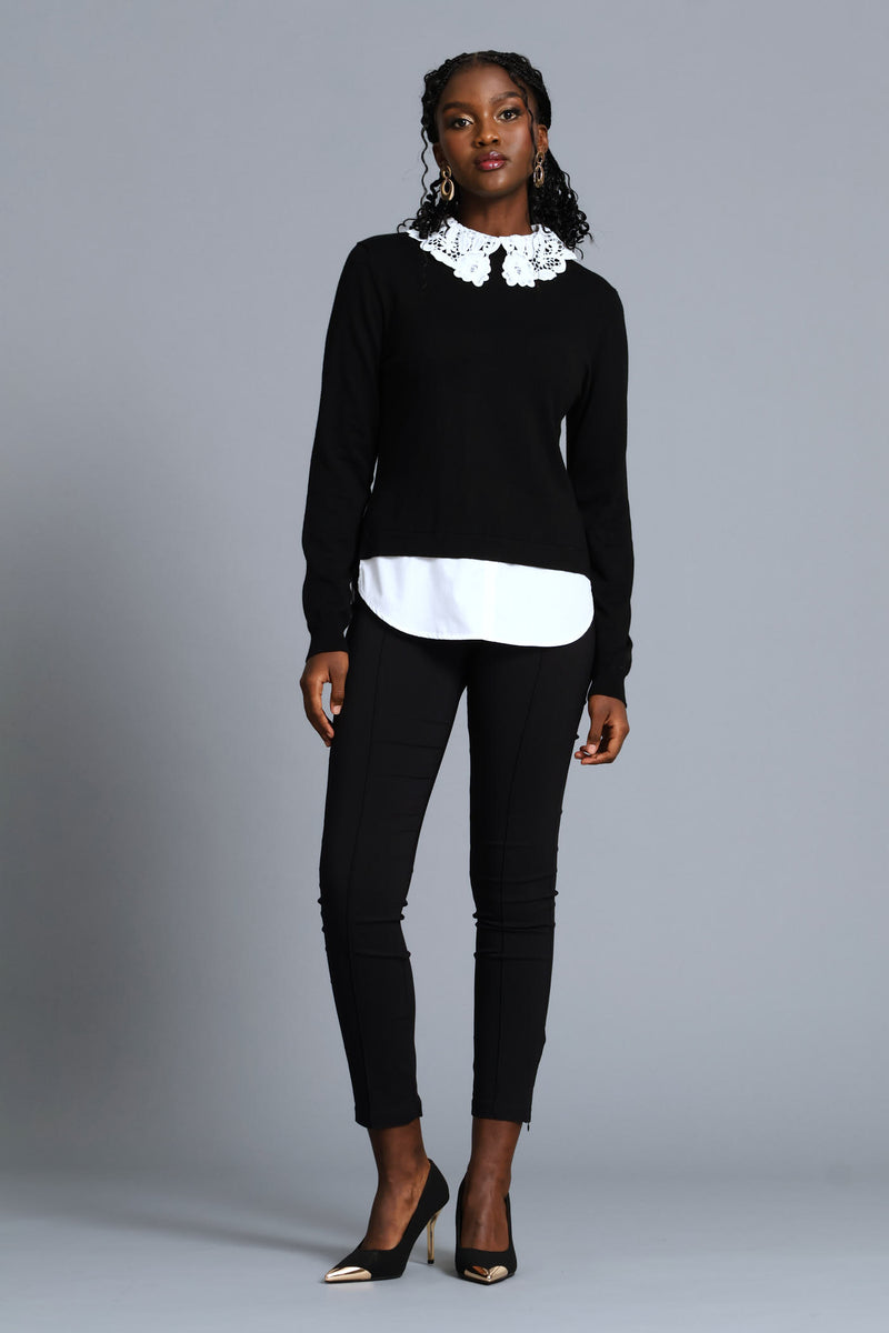 Crochet Collar Pullover - Black/White