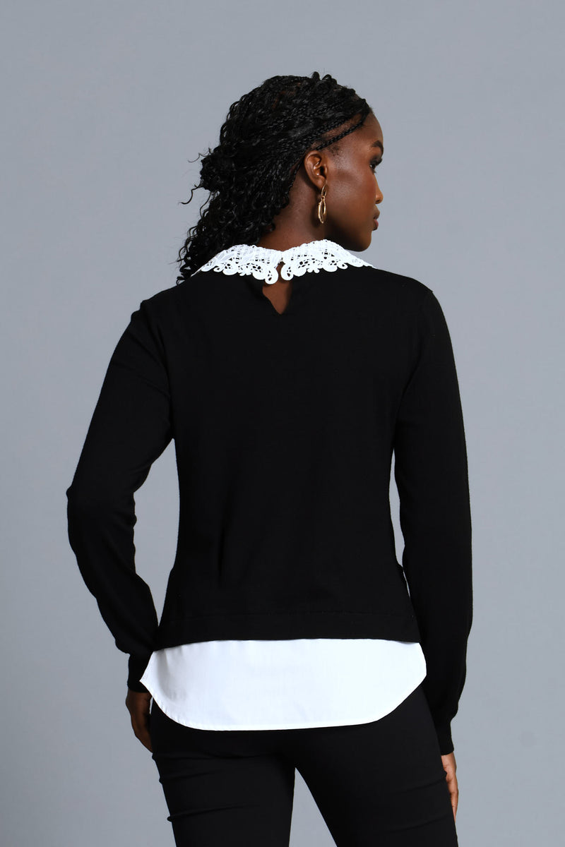 Crochet Collar Pullover - Black/White