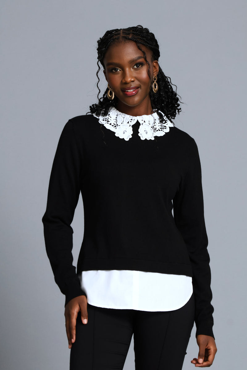 Crochet Collar Pullover - Black/White