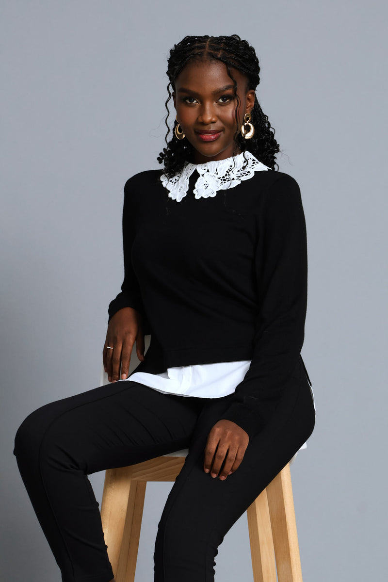 Crochet Collar Pullover - Black/White