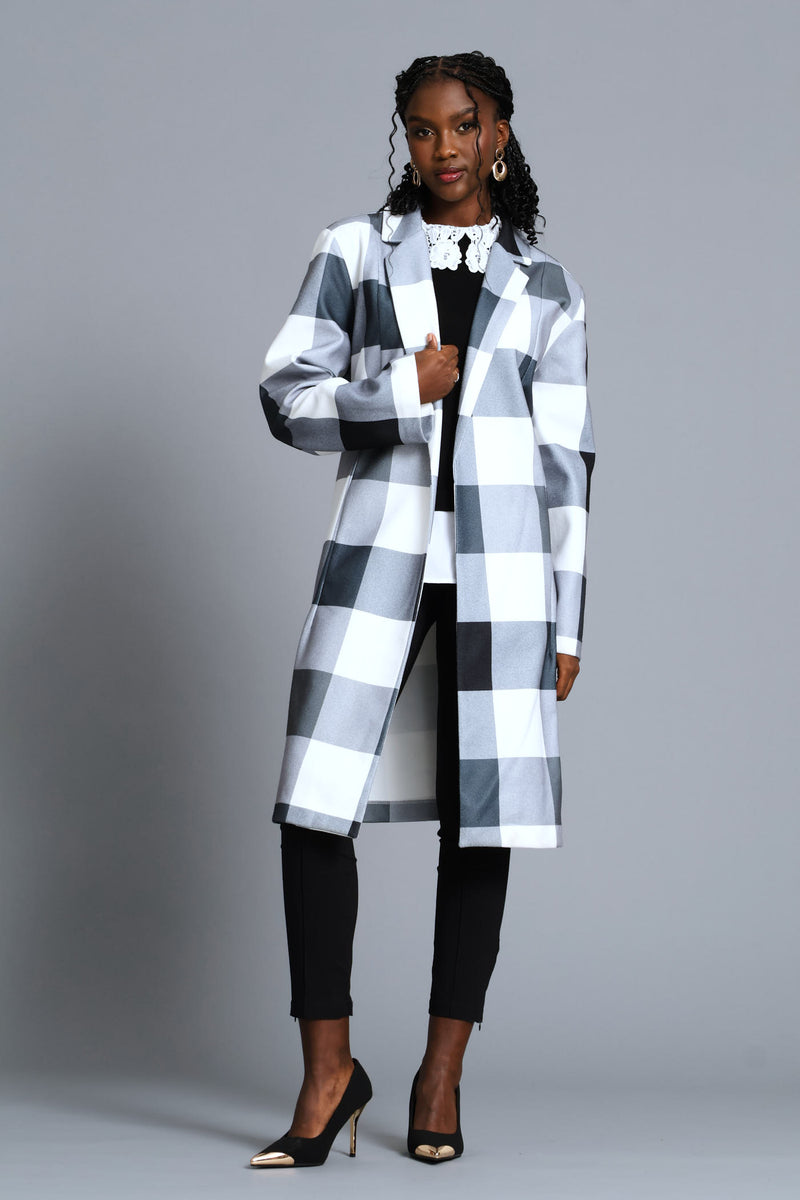 Basic Panelled Pocket Plaid Coat - Black/Grey