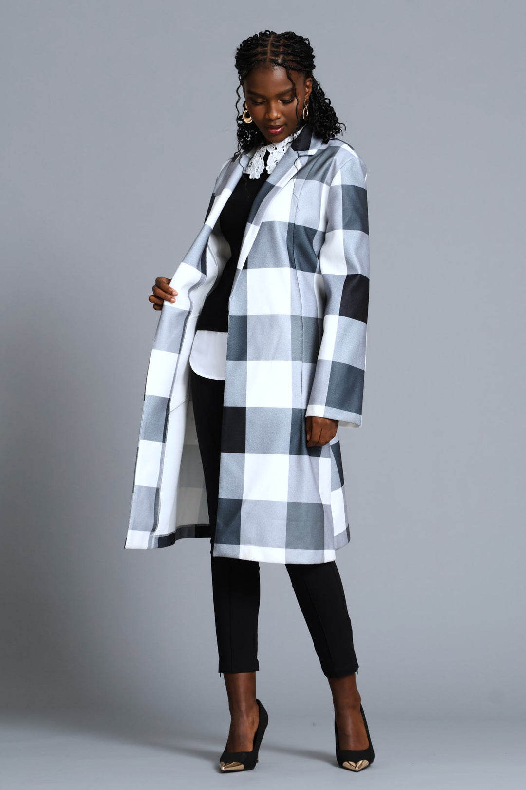 Basic Panelled Pocket Plaid Coat - Black/Grey