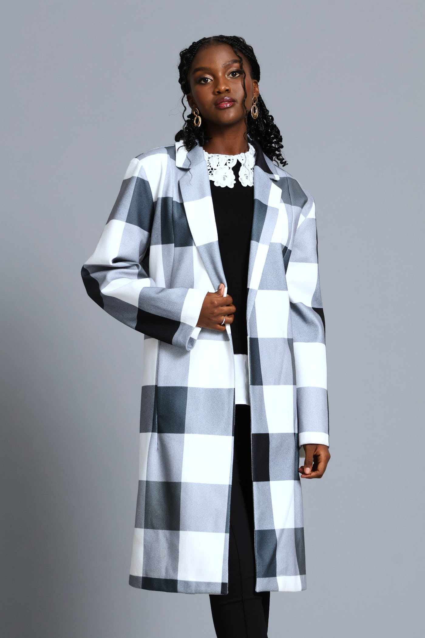 ジャケット・アウター dipromaJieda PLAID TRENCH COAT Ladies Basic Panelled Pocket Plaid Coat - Black/Grey – Edgars