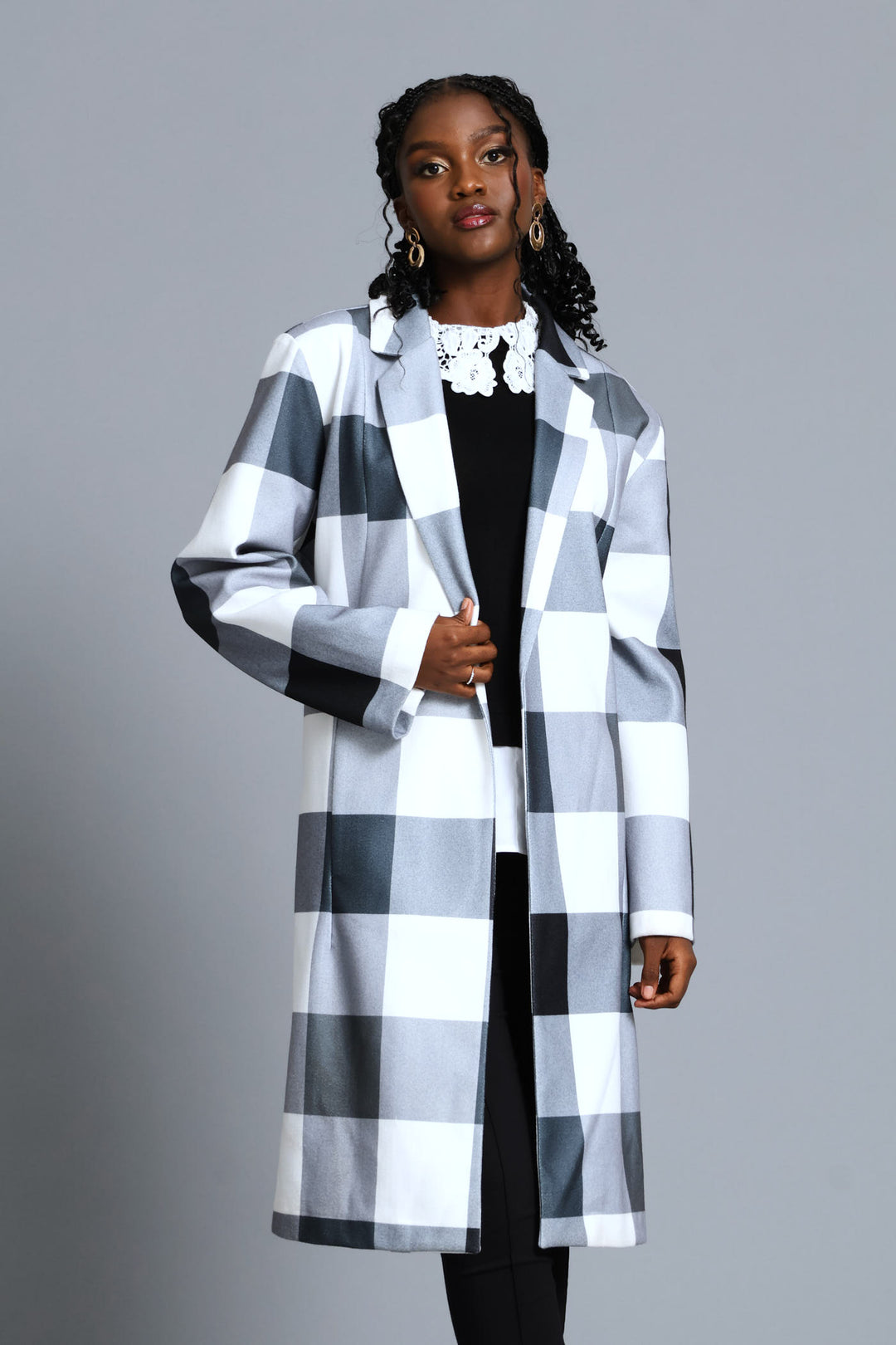 Basic Panelled Pocket Plaid Coat - Black/Grey