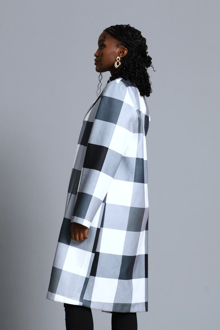 Basic Panelled Pocket Plaid Coat - Black/Grey
