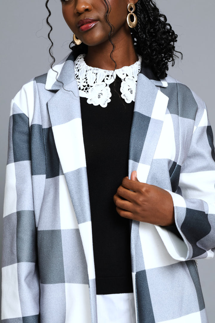 Basic Panelled Pocket Plaid Coat - Black/Grey