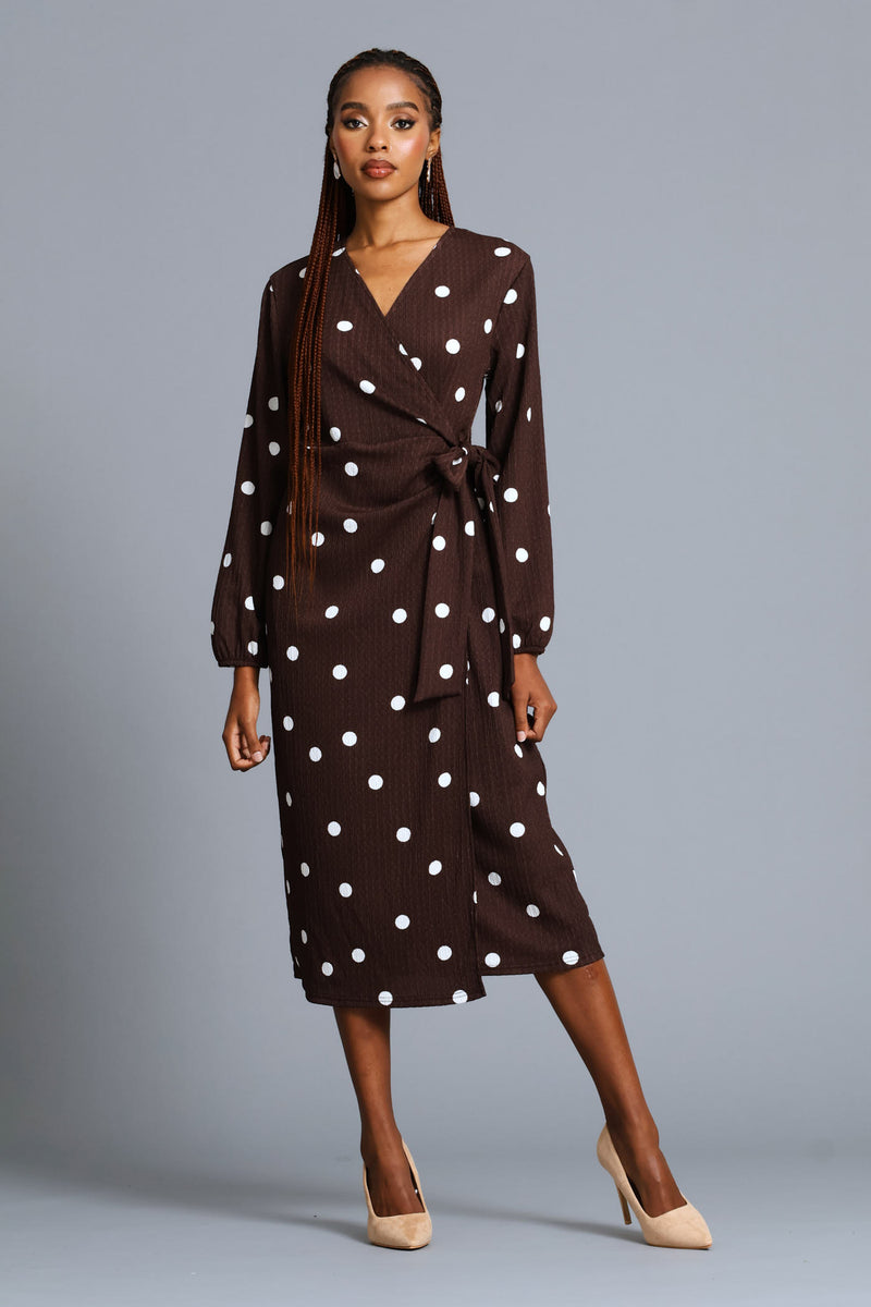 Polka Textured Wrap Midi Dress - Chocolate