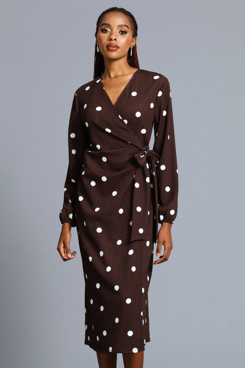Polka Textured Wrap Midi Dress - Chocolate