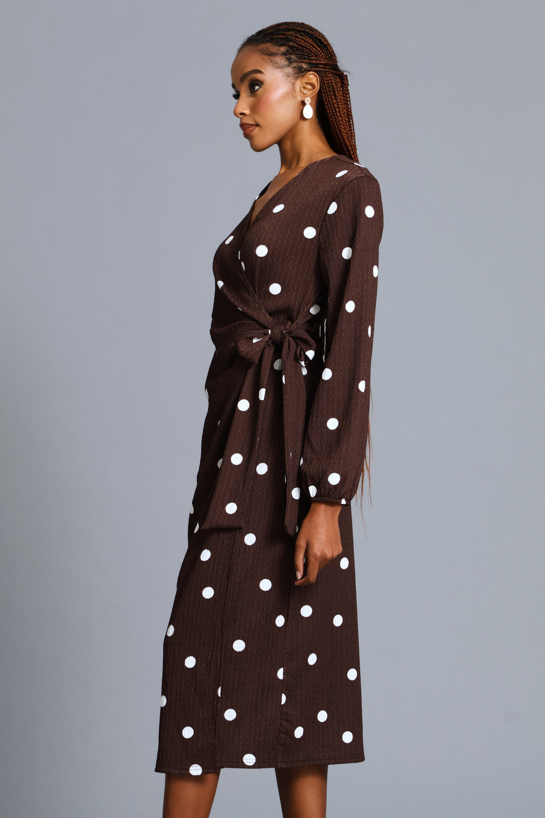 Polka Textured Wrap Midi Dress - Chocolate