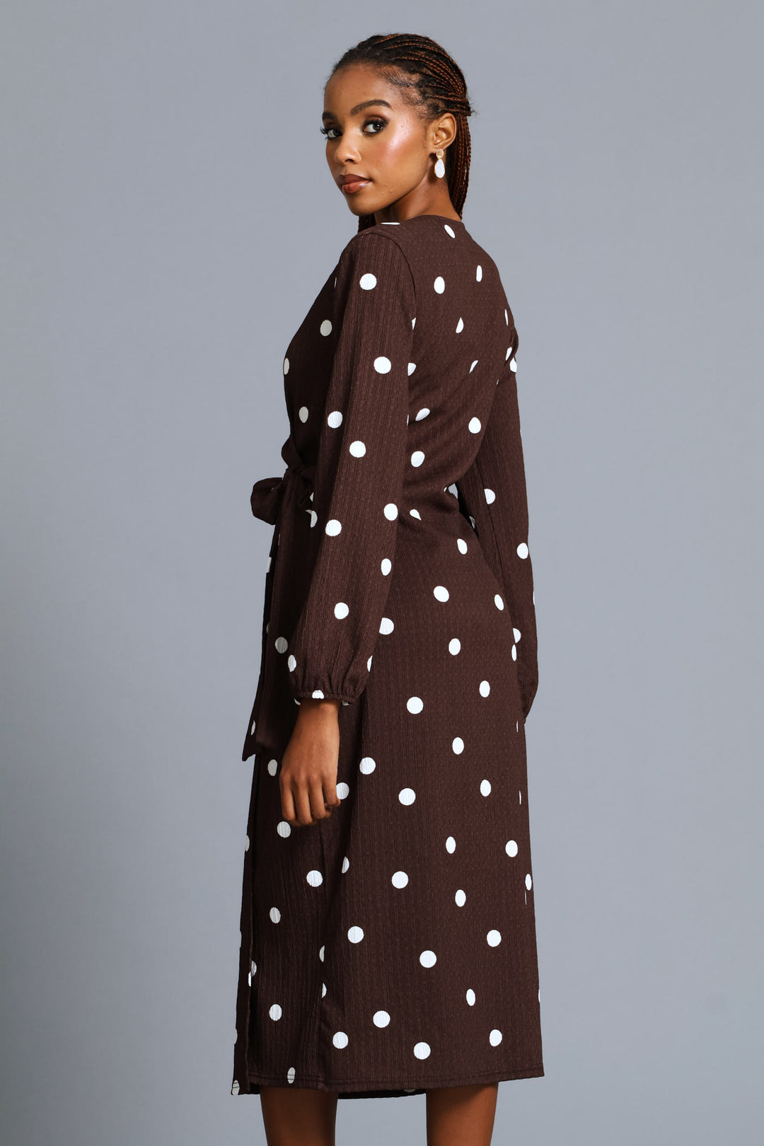 Polka Textured Wrap Midi Dress - Chocolate