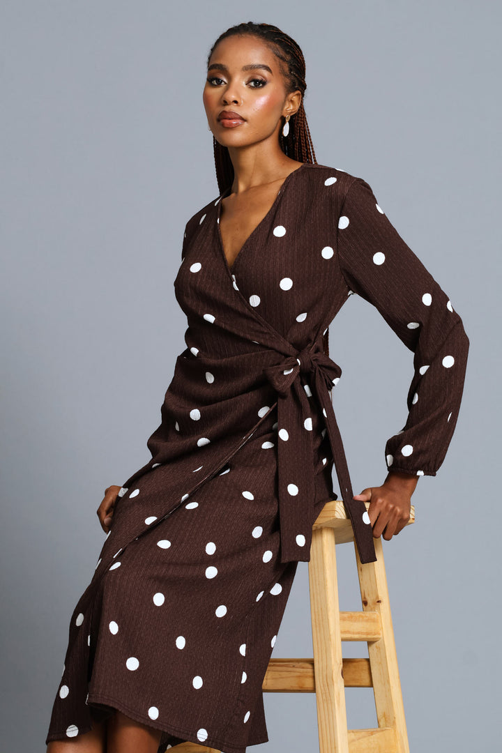 Polka Textured Wrap Midi Dress - Chocolate