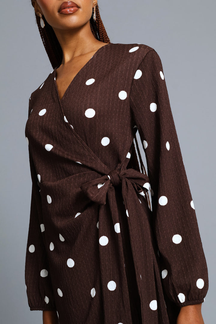 Polka Textured Wrap Midi Dress - Chocolate