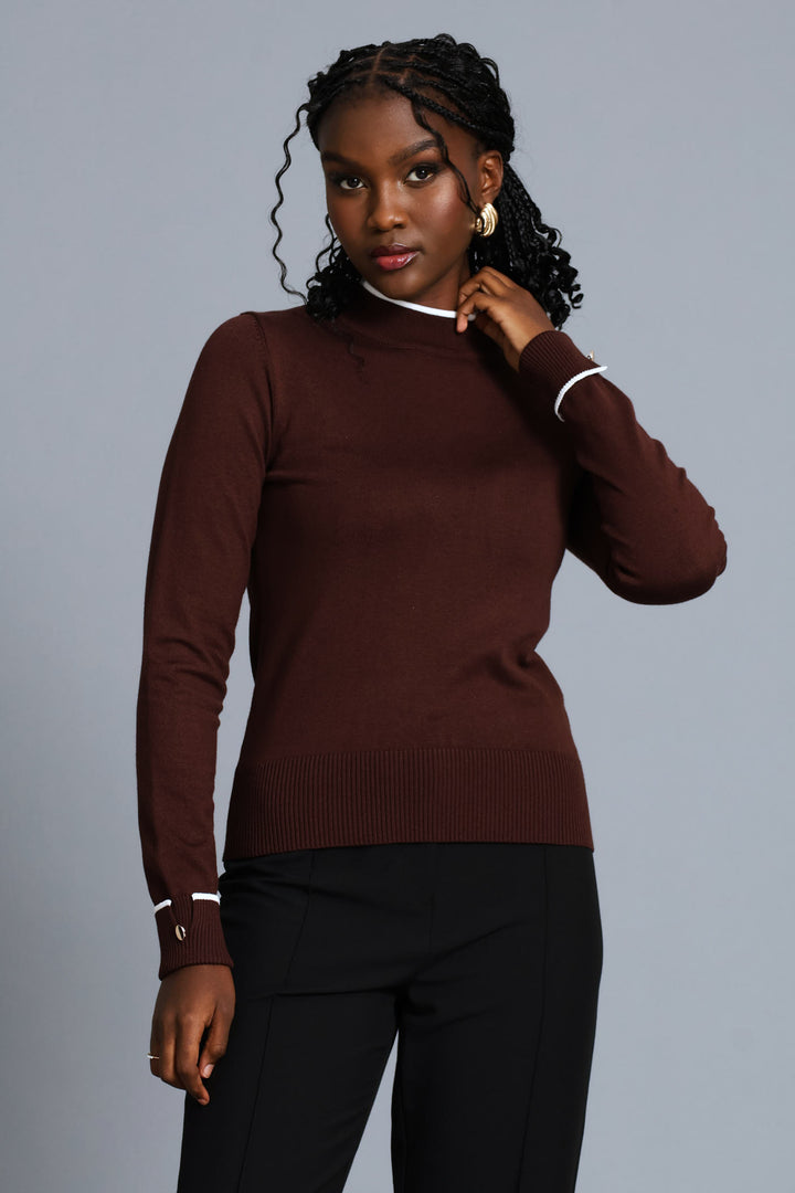 Turtleneck Turn Up Sleeve Pullover - Chocolate