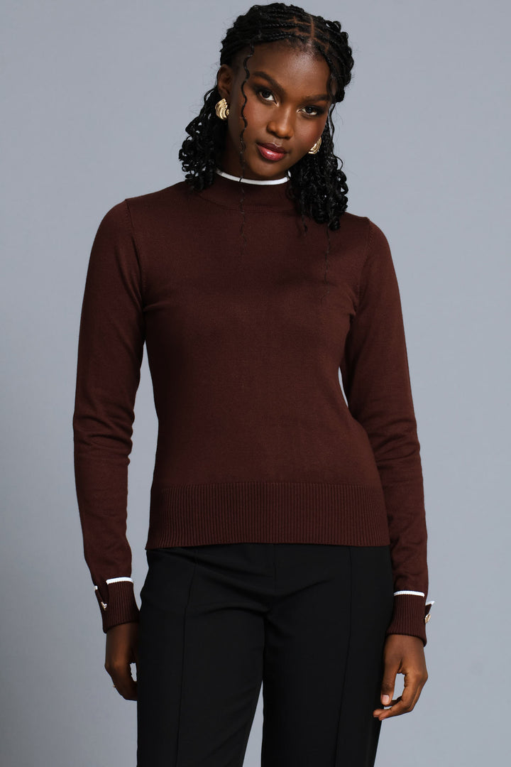 Turtleneck Turn Up Sleeve Pullover - Chocolate