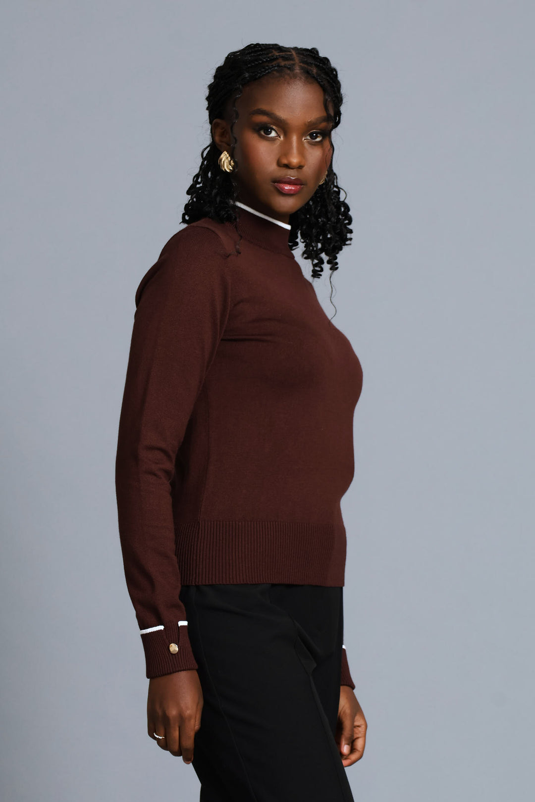 Turtleneck Turn Up Sleeve Pullover - Chocolate