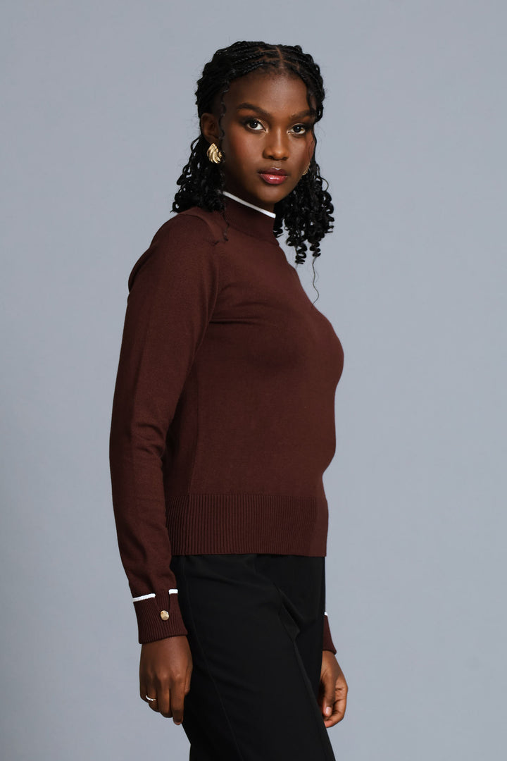 Turtleneck Turn Up Sleeve Pullover - Chocolate