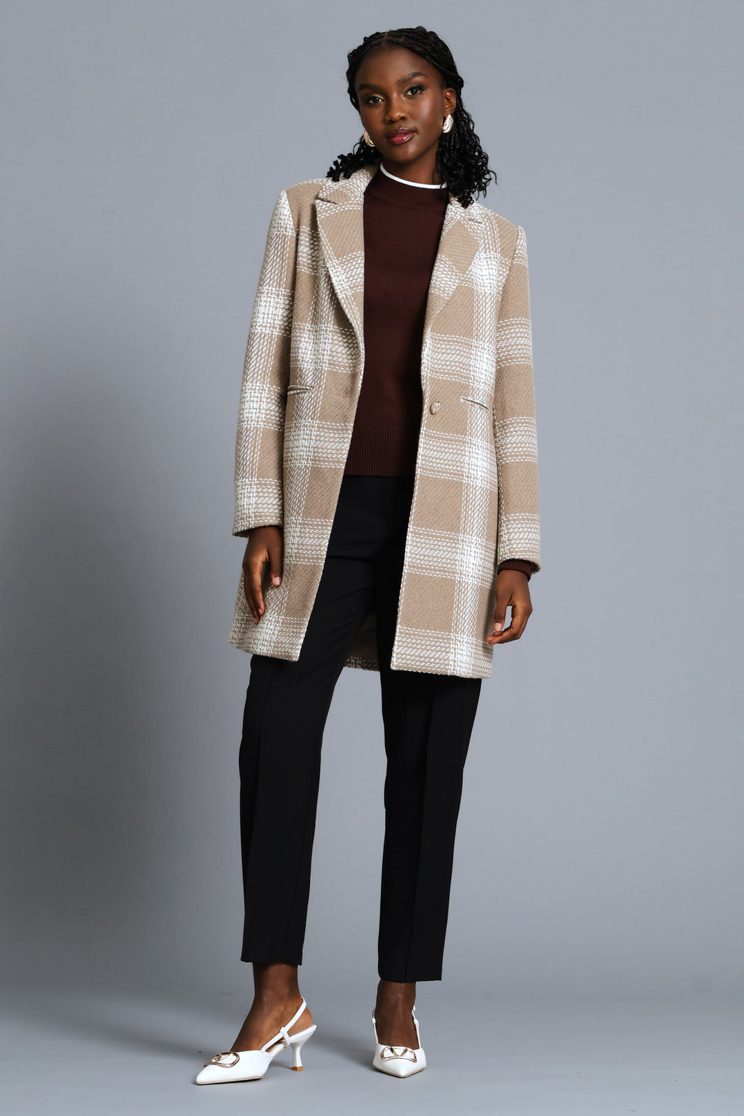 Charlotte Tweed Single Breasted Coat - Beige/Cream