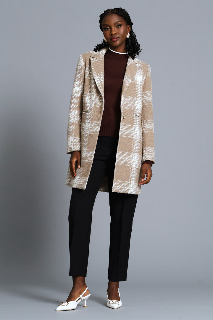Charlotte Tweed Single Breasted Coat - Beige/Cream