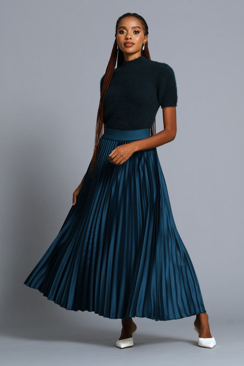Pleated Satin Maxi Skirt - Teal