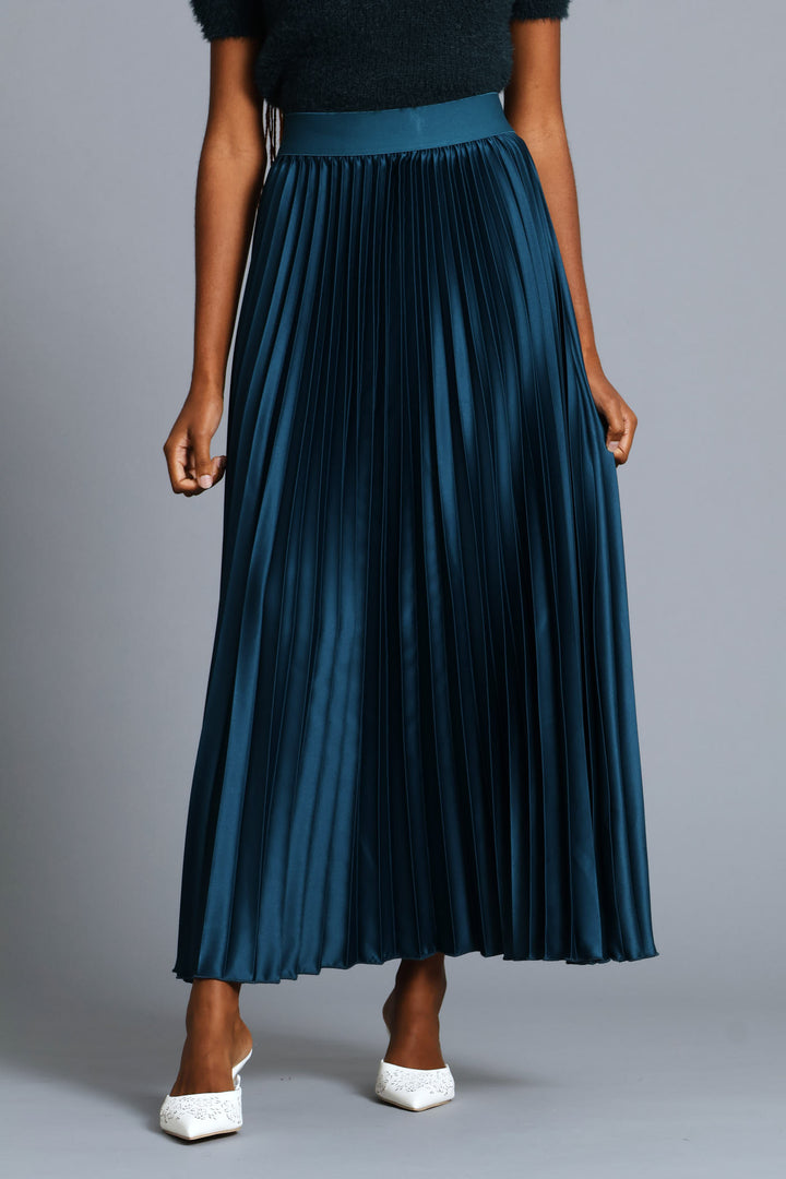 Pleated Satin Maxi Skirt - Teal