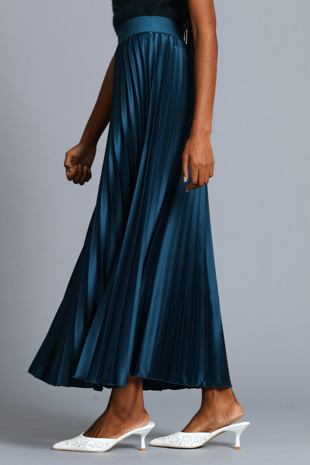 Pleated Satin Maxi Skirt - Teal