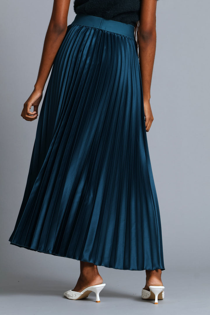 Pleated Satin Maxi Skirt - Teal
