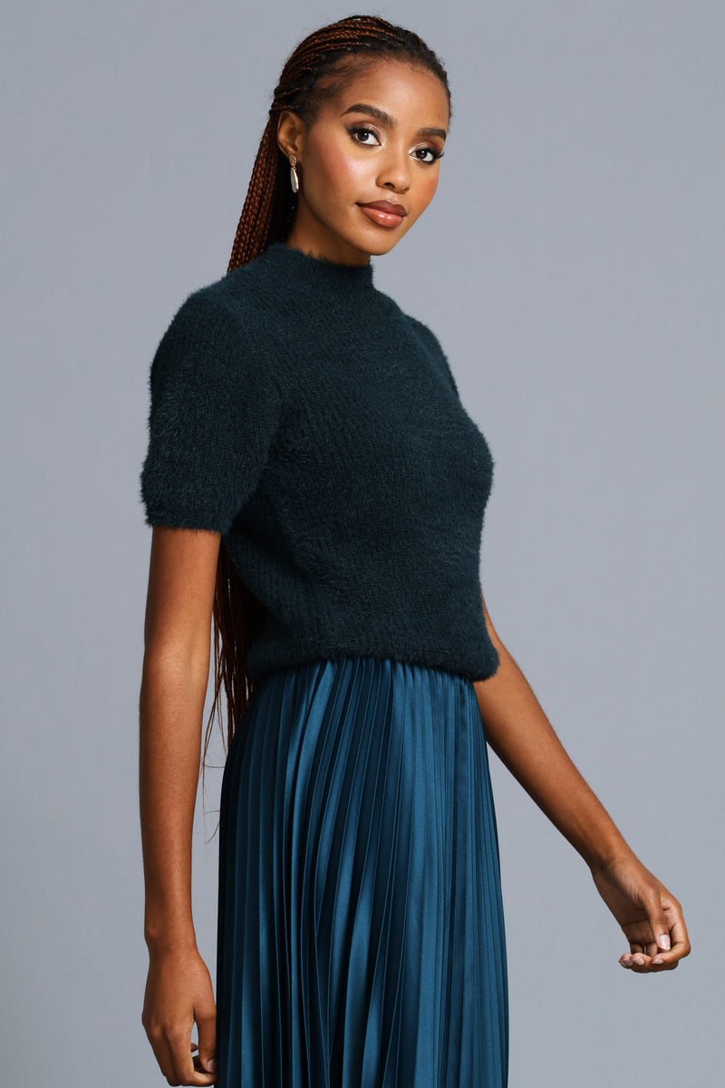 Short Sleeve Fluffy Pullover - Teal