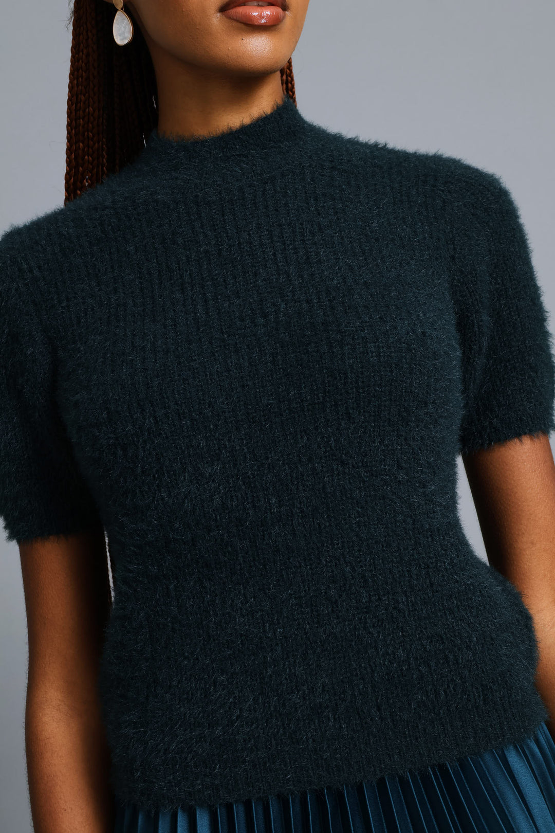 Short Sleeve Fluffy Pullover - Teal