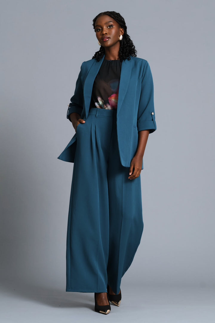 Turn Up Sleeve Welt Pocket Blazer - Teal