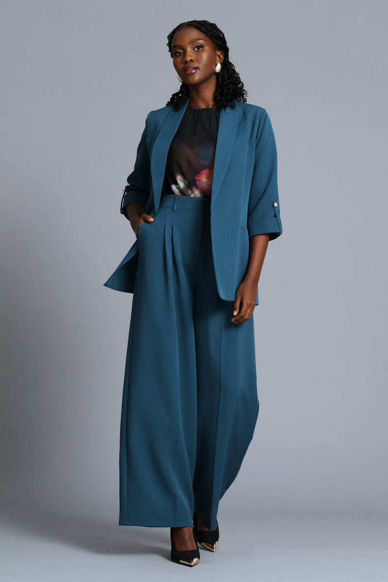 Turn Up Sleeve Welt Pocket Blazer - Teal