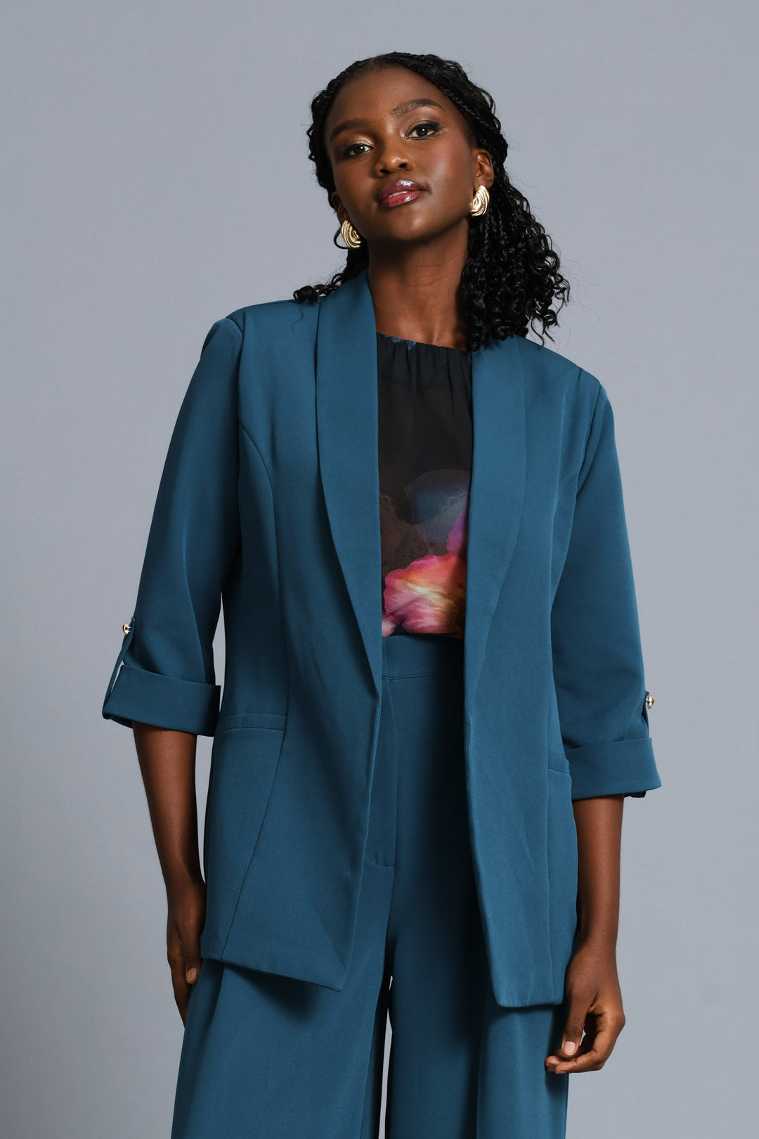 Turn Up Sleeve Welt Pocket Blazer - Teal