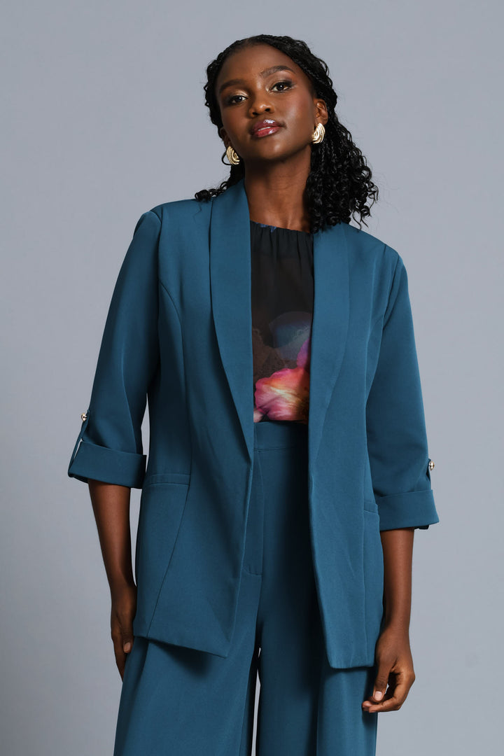 Turn Up Sleeve Welt Pocket Blazer - Teal