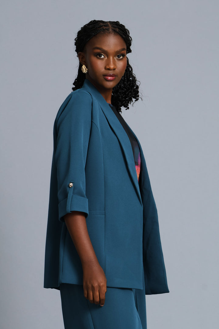 Turn Up Sleeve Welt Pocket Blazer - Teal