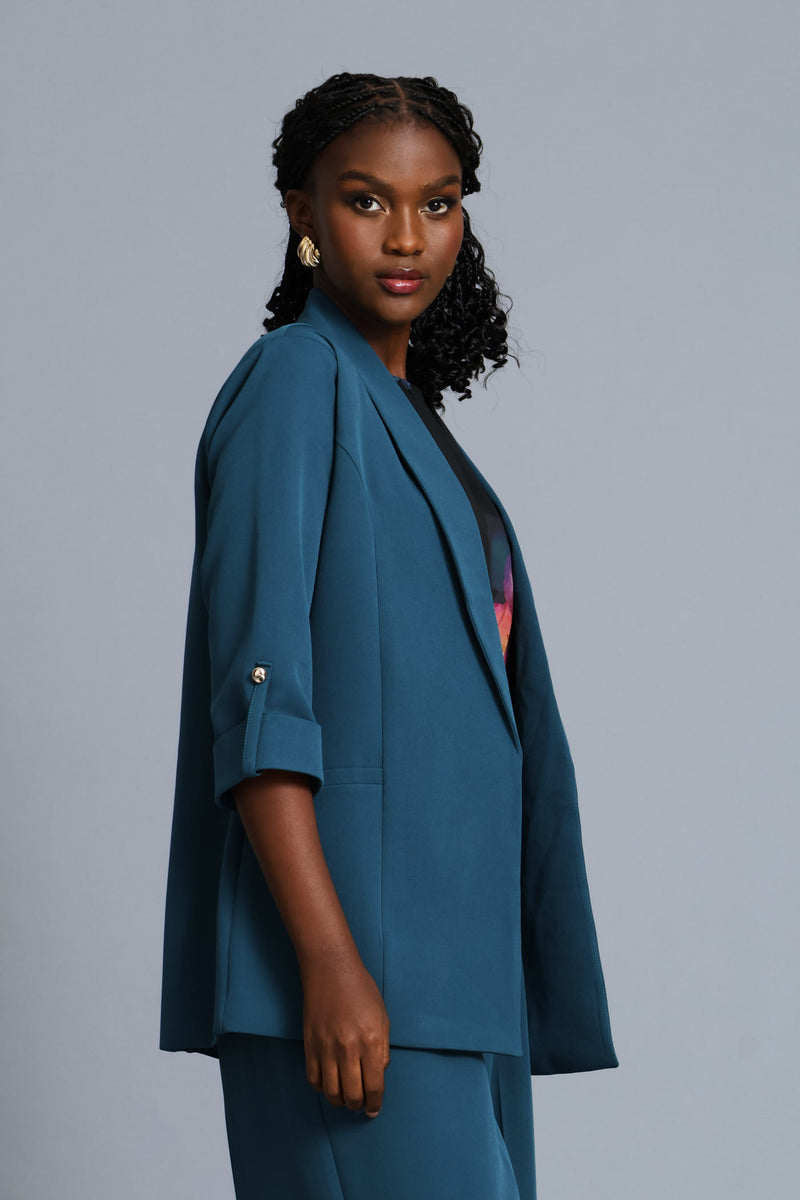 Turn Up Sleeve Welt Pocket Blazer - Teal