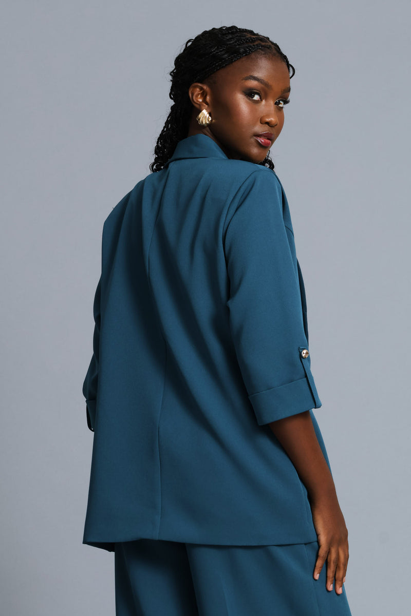 Turn Up Sleeve Welt Pocket Blazer - Teal