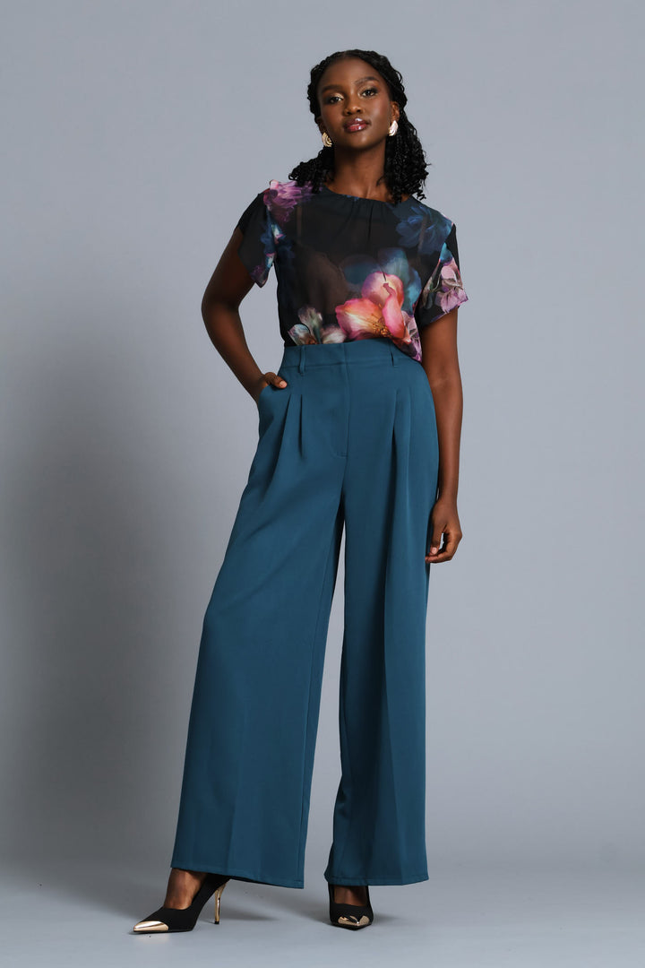 Double Pleat Wide Leg Pant - Teal