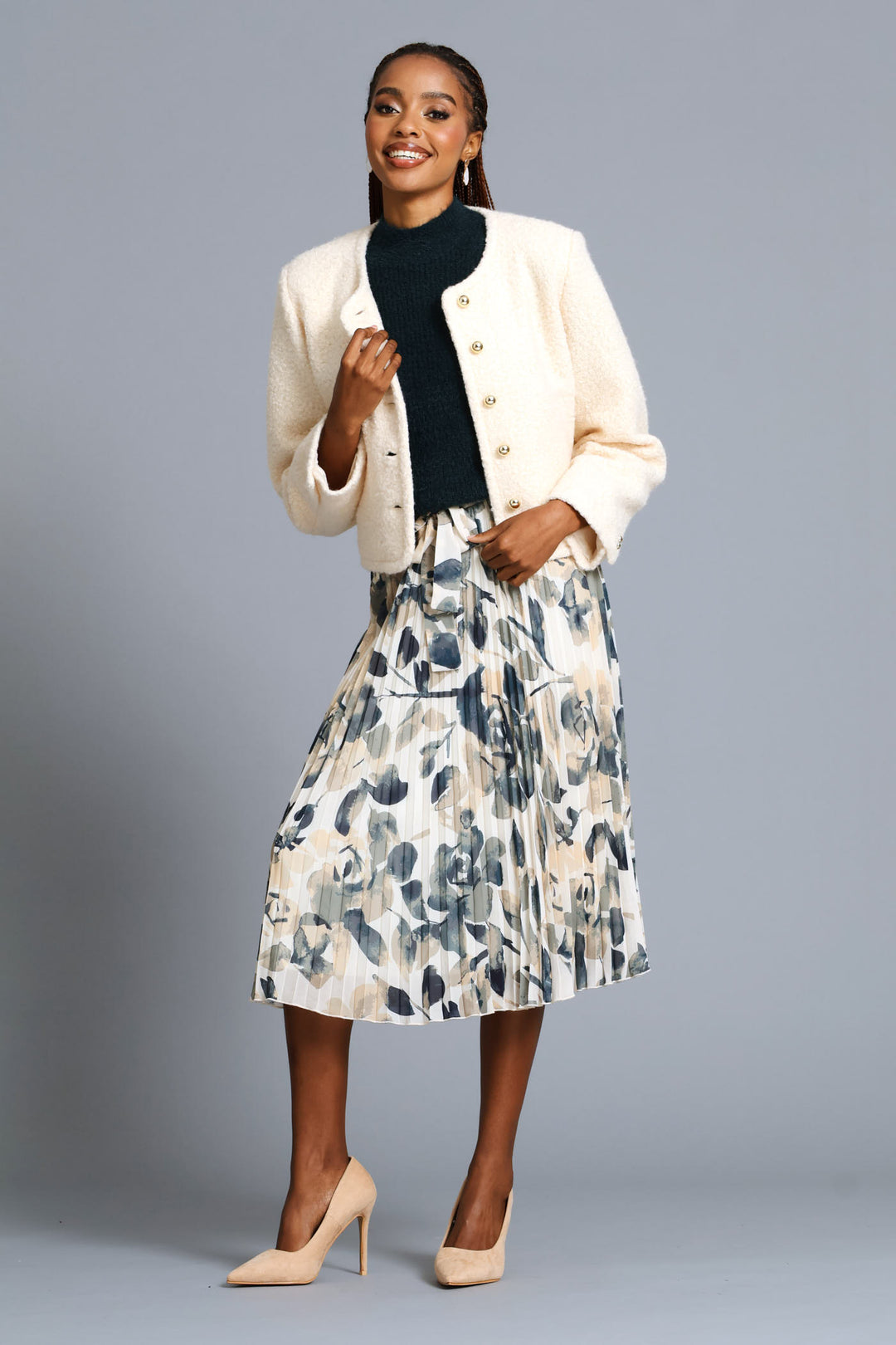 Boucle Button Through Coat - Cream