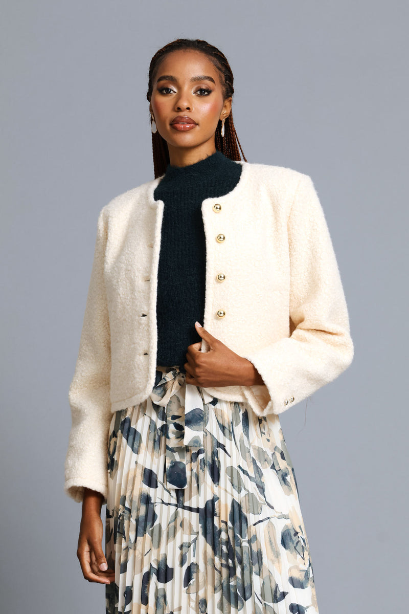 Boucle Button Through Coat - Cream