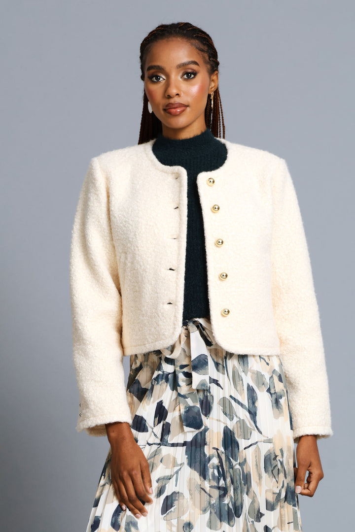 Boucle Button Through Coat - Cream