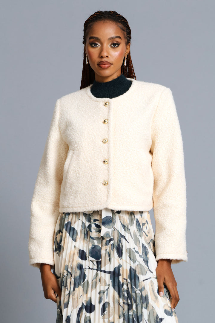 Boucle Button Through Coat - Cream