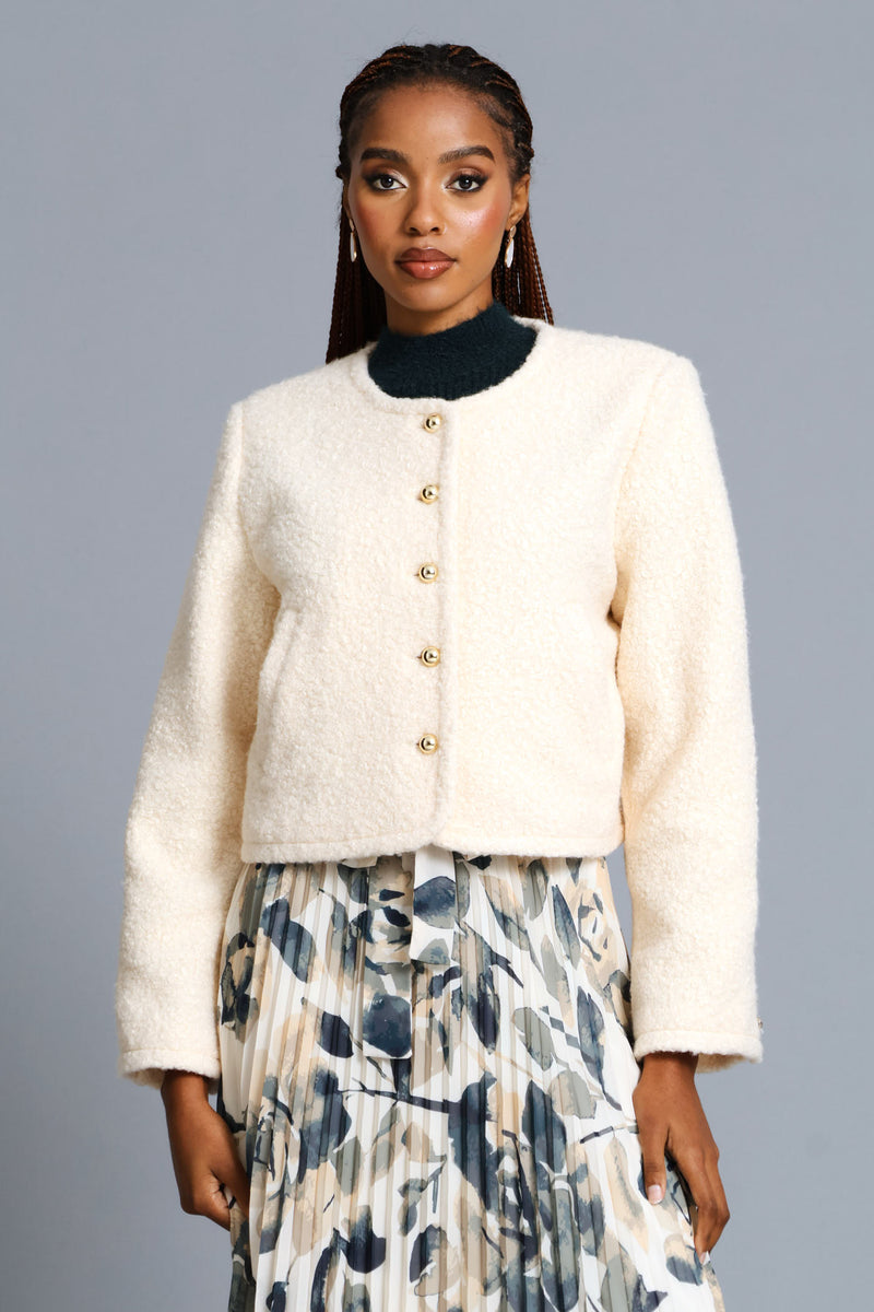 Boucle Button Through Coat - Cream