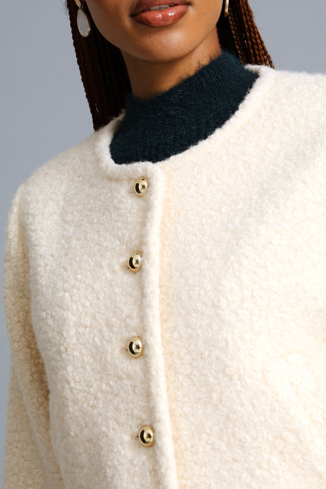 Boucle Button Through Coat - Cream