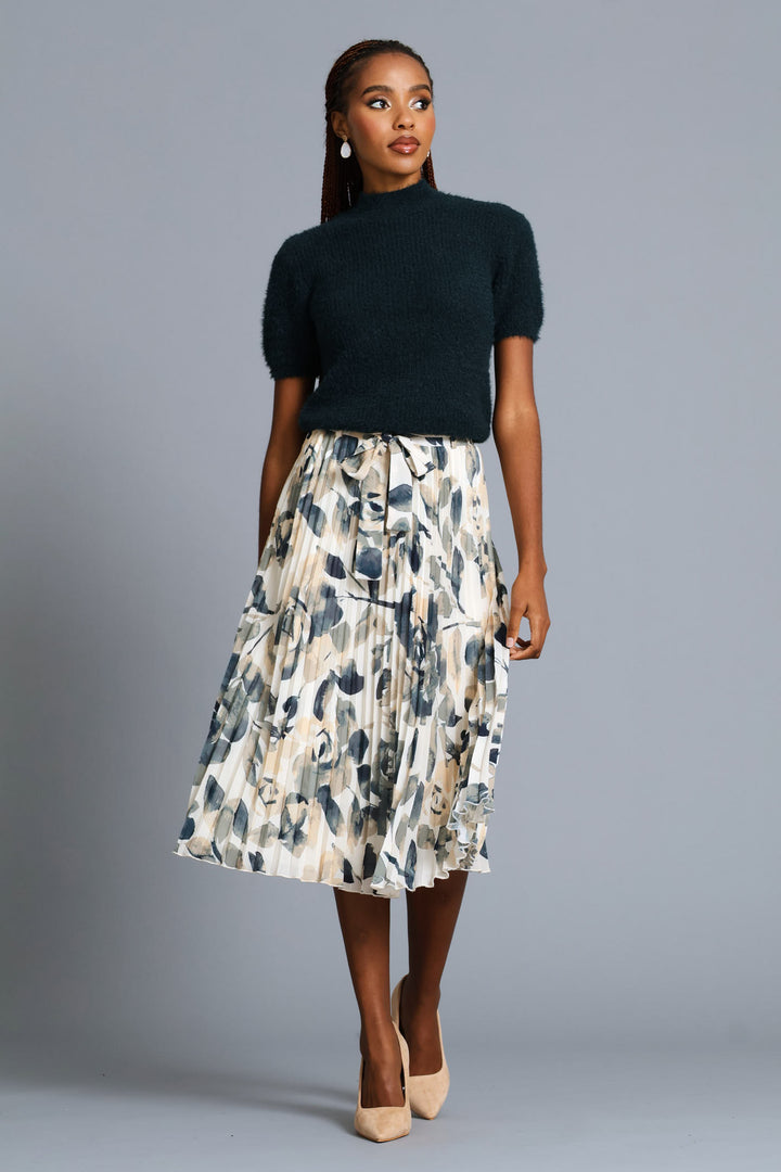 Leaf Pleated Midi Skirt - Multi