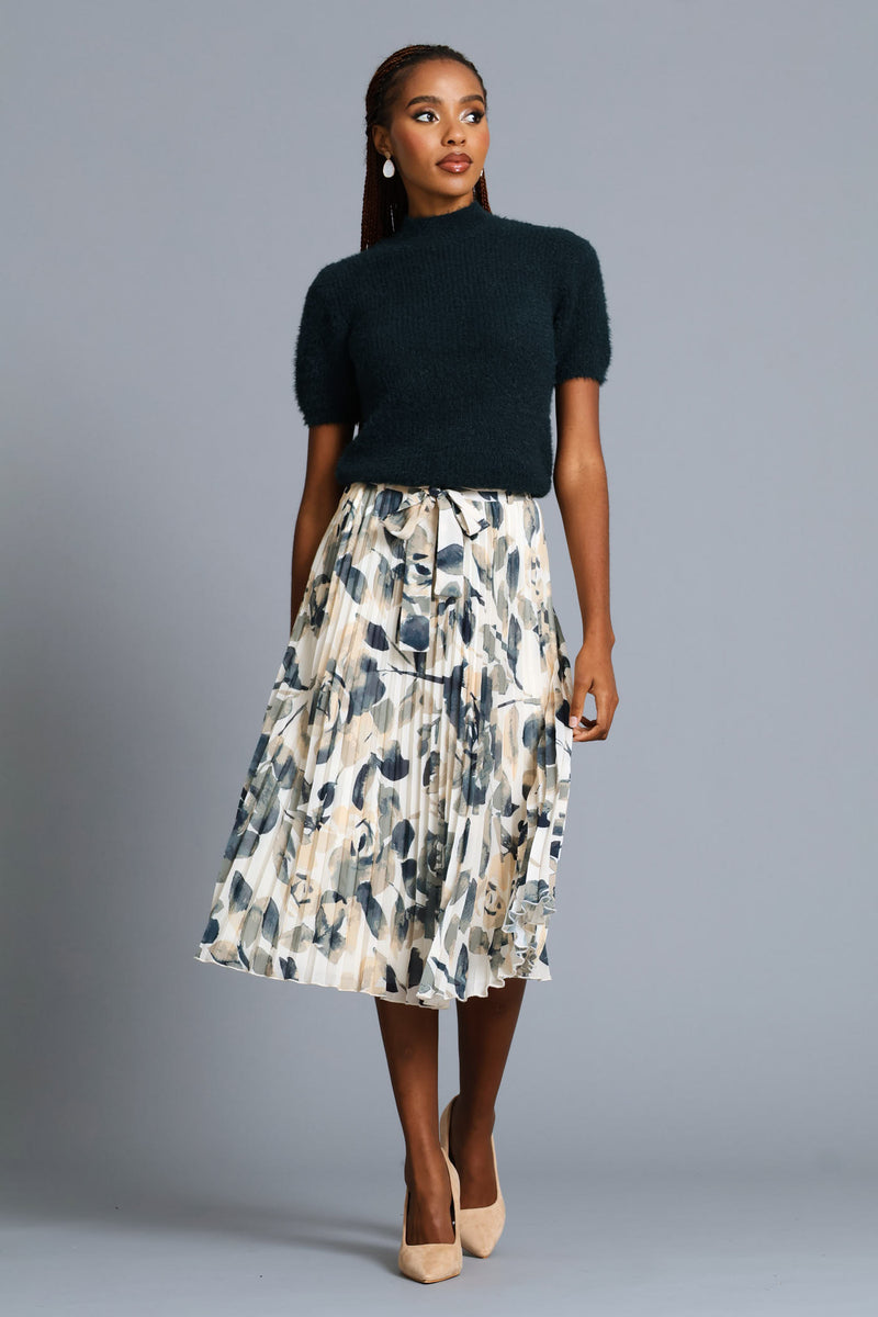 Leaf Pleated Midi Skirt - Multi