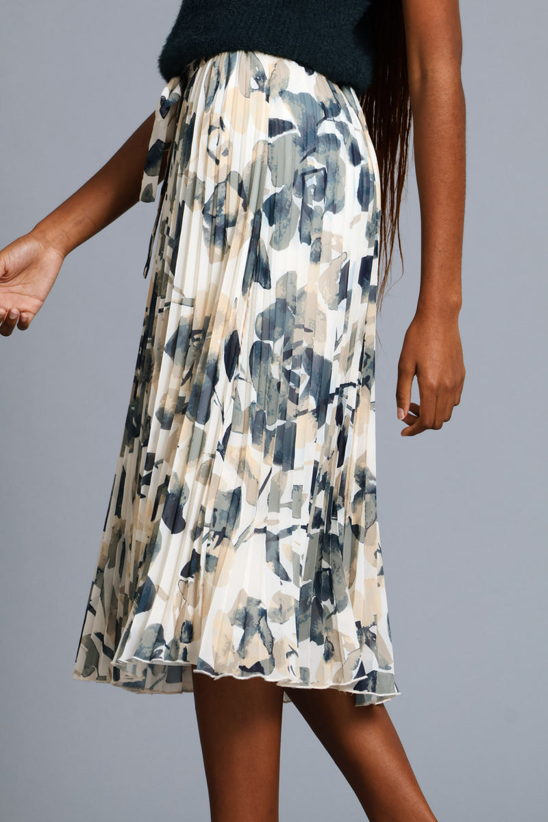 Leaf Pleated Midi Skirt - Multi