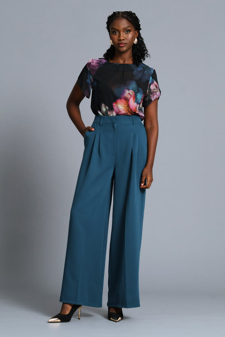Floral Flutter Sleeve Blouse - Black