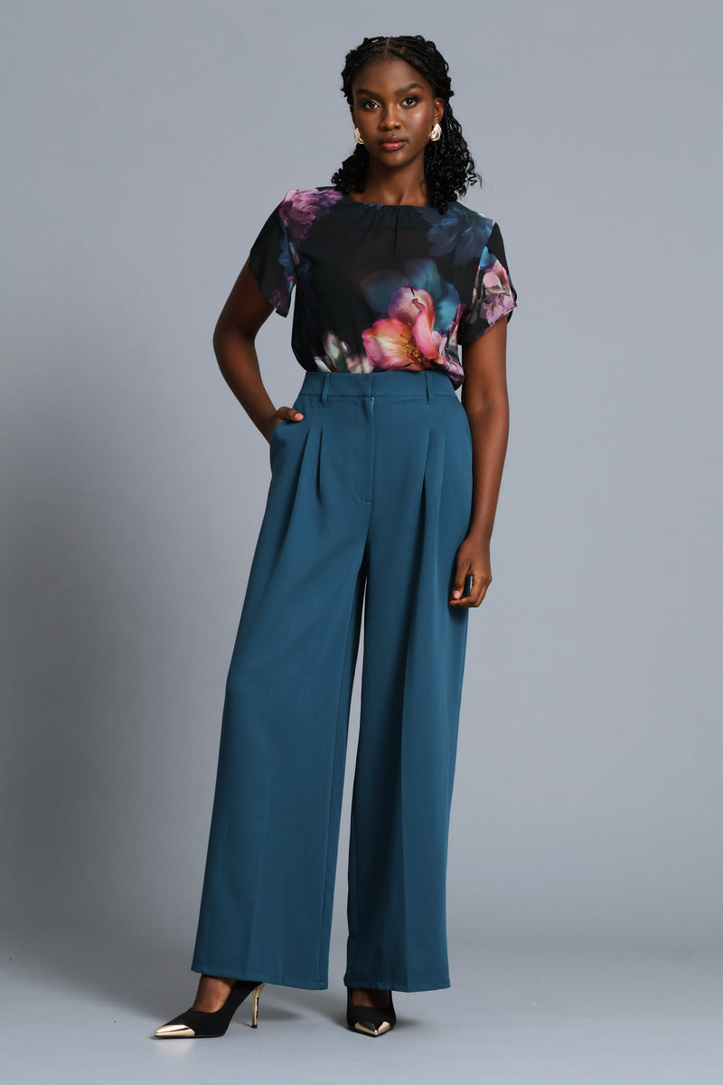 Floral Flutter Sleeve Blouse - Black