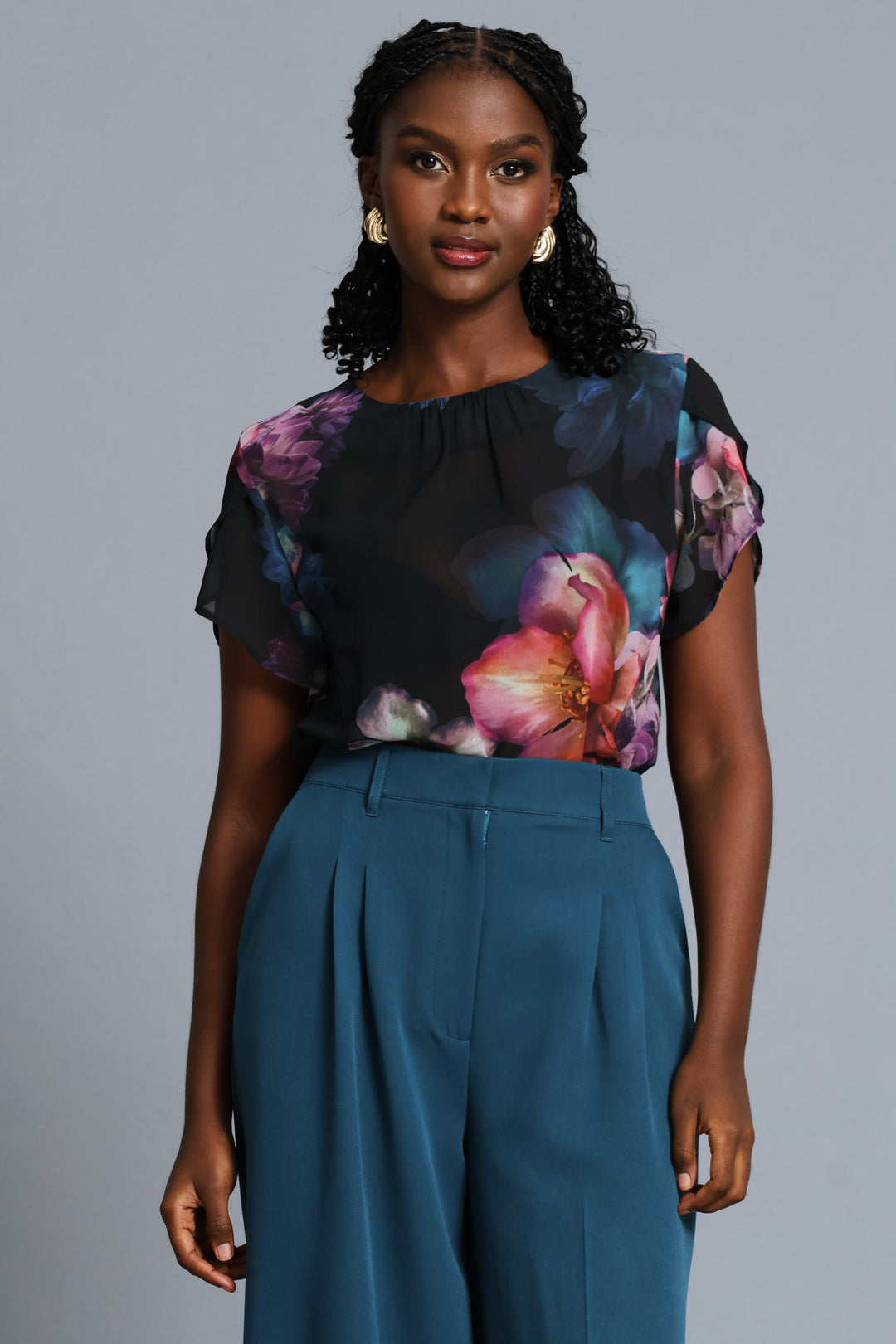 Floral Flutter Sleeve Blouse - Black